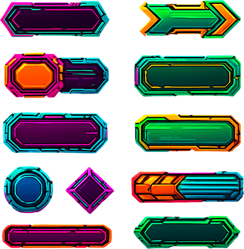 Buttons assets. cyberpunk. abstract. futuer. different colors. HD colors.
In-Game asset.  2d.  High contrast.  No shadows