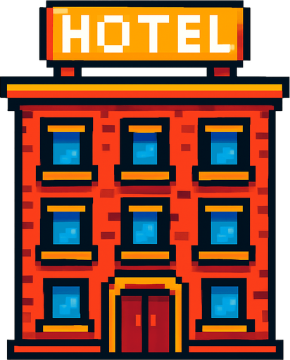 hotel pixel.
In-Game asset.  2d.  High contrast.  No shadows