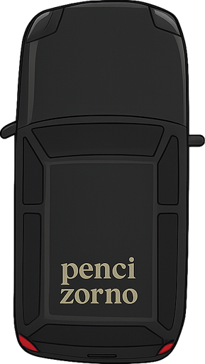 A luxury black van with the words penci zorno on it, top view looking at the opposite side. No background. Transparent background. Blank background. No shadows. 2d. In-Game asset. flat
