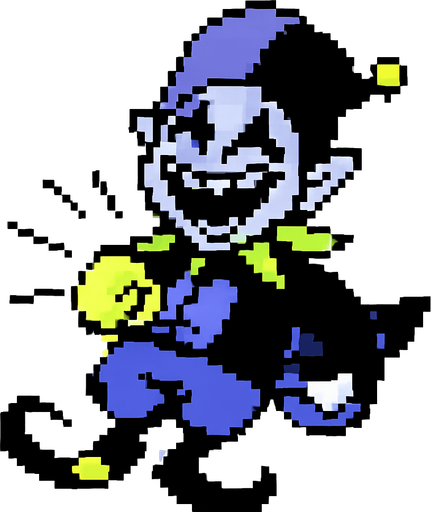 Jevil de deltarune capitulo uno siendo golpeado en el estomago echandose un poco para atras aunque con una risa loca en su rostro (pixeleado con fondo blanco).
In-Game asset.  2d.  High contrast.  No shadows