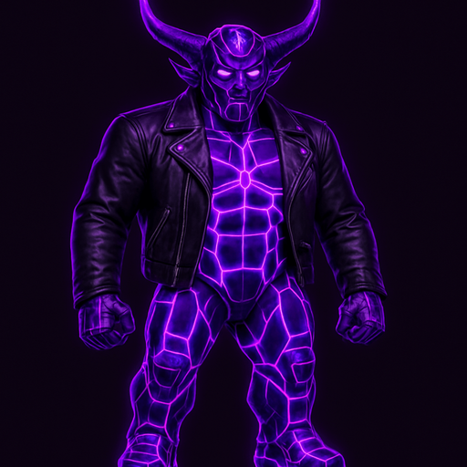 Black leather biker jacket longsleeves bare segmented neon cyberpunk pecs abs muscles robot monster hunk Neon cyberpunk 3d hologram corporate occult demon android mecha robot sentinel guard soldier machine monster fully in frame no part cut off no background anime futuristic Background removed, "Full-body character, entirely in frame, no cropping of face, head, or feet" "Complete character visible, from head to toe, fully centered in the image" "Entire character, including face and boots, fully within the frame" Character fully contained within a square frame, no edges cut off  horns through boots