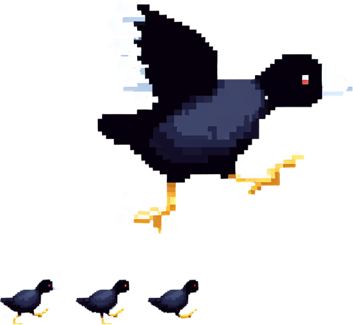 American Coot sprite sheet. Running with wings up..
Single Game Texture. In-Game asset. 2d. Blank background. High contrast. No shadows.
