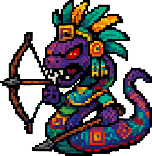 Genérame una Boa de arcoiris guerrero azteca con eso patrones, estilo pixelar, con una apariencia maligna, ojos rojos, rabioso. Unidad a distancia, con un arco o cerbatana. Animal.
In-Game asset.  2d.  High contrast.  No shadows