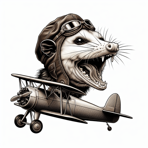 Opossum in aviator cap, flying bi plane. Realistic Opossum , screaming opossum, ugly art style, meme, mouth open, side view
Single Game Texture. In-Game asset. 2d. Blank background. High contrast. No shadows.