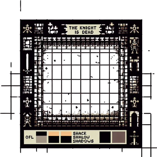 Pixealrt. Dungeon. Reads: The Knight is DEAD.
Single Game Texture. In-Game asset. 2d. Blank background. High contrast. No shadows.