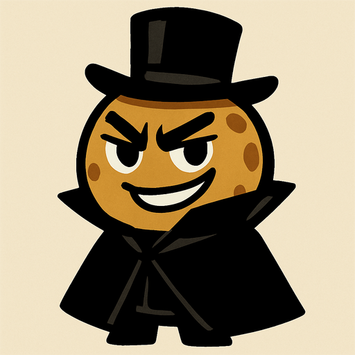 Bana biraz sinsi gülüş atan, siyah şapkası ve giysisi olan bir kurabiye çiz (Asil dursun) ..
In-Game asset.  2d.  High contrast.  No shadows