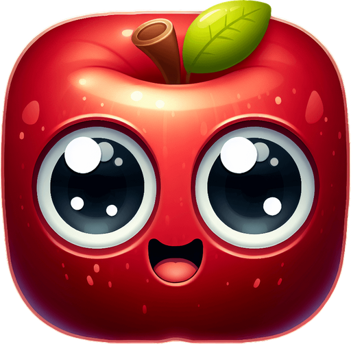 Apple with eye and mouth animation..
Single Game Texture.  In-Game asset.  2d.  Blank background.  High contrast.  No shadows