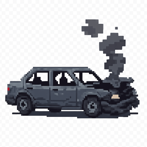 A wrecked grey car with broken windows and smoke coming from the hood but pixel art style . No background. Transparent background. Blank background. No shadows. 2d. In-Game asset. flat