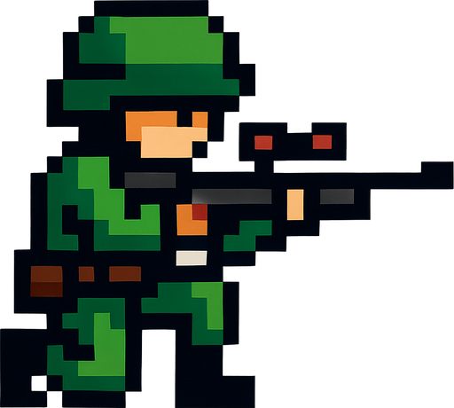 Sniper man pixel style.
In-Game asset.  2d.  High contrast.  No shadows