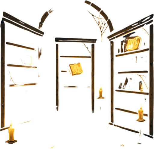 An ancient hidden library with towering dusty shelves, glowing enchanted books, cobwebs, stone floor with arcane symbols, candlelit mystery.
In-Game asset.  2d.  High contrast.  No shadows