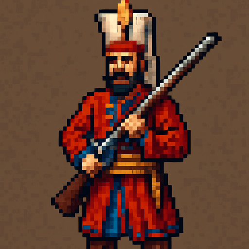 pixel detailed A Janissary of the Ottoman Empire.
In-Game asset.  2d.  High contrast.  No shadows