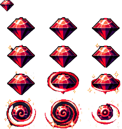 sprite sheet of a rotating vibrant shiny red blood ruby. the jewels should be neatly organized. pixelated. 8-bit.
Single Game Texture. In-Game asset. 2d. Blank background. High contrast. No shadows.