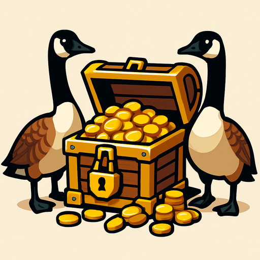Treasure with canadian geese as guard  No text on image!!.
In-Game asset.  2d.  High contrast.  No shadows