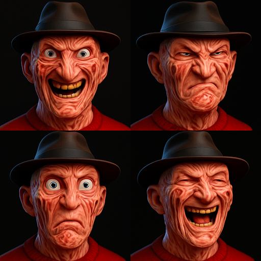3D Scary and funny face meme Freddy Krueger. different faces look. face only
In-Game asset.  3D.  High contrast.  No shadows. face only