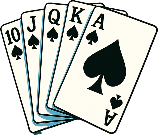 A fanned card hand that shows a royal flush in spades. Anime style.
In-Game asset.  2d.  High contrast.  No shadows