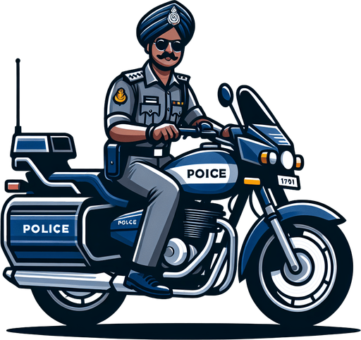 Inspector chingam on police bike with police dress.
Single Game Texture.  In-Game asset.  2d.  Blank background.  High contrast.  No shadows