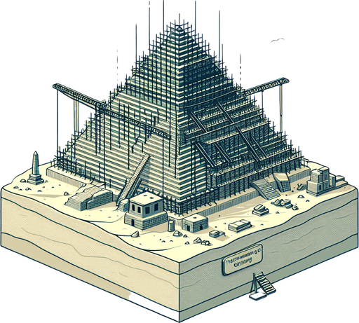An animated image of an unfinished pyramid, with a label 'The building of the Pyramids of Giza.
Single Game Texture. In-Game asset. 2d. Blank background. High contrast. No shadows.