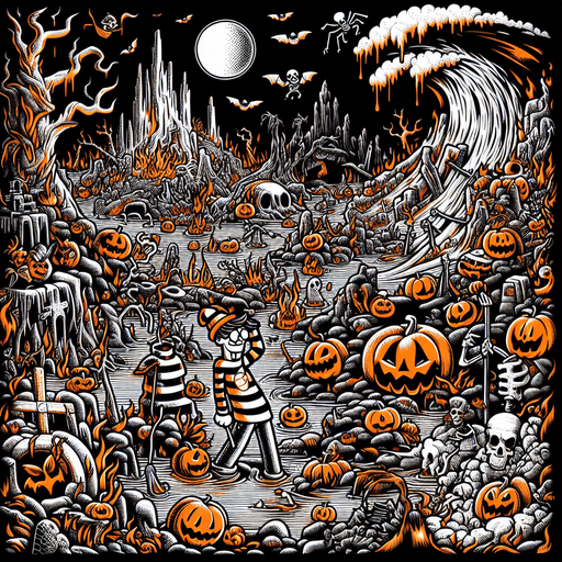 Generate a high quality cartoon background Halloween image on a black canvas similar to the format of where is waldo with a hellish environment.
Single Game Texture. In-Game asset. 2d. Blank background. High contrast. No shadows.