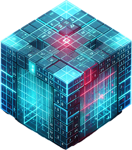 Create an isometric 3D holographic cube resembling a Rubik's cube. The cube should display the top face and two adjacent side faces, each divided into a 3x3 grid of cells. Each cell must contain either a '1' or a '0' in a glowing cyan-blue monospace font, clearly visible on all three visible faces. A few specific cells across the cube should stand out with their binary digits ('1' or '0') highlighted in bright red. The entire cube should have a holographic look, with glowing gridlines separating the cells and a subtle flicker effect. Ensure the cube appears suspended in mid-air, projecting from a base below, with soft lighting and a sci-fi ambiance..
Single Game Texture. In-Game asset. 2d. Blank background. High contrast. No shadows.