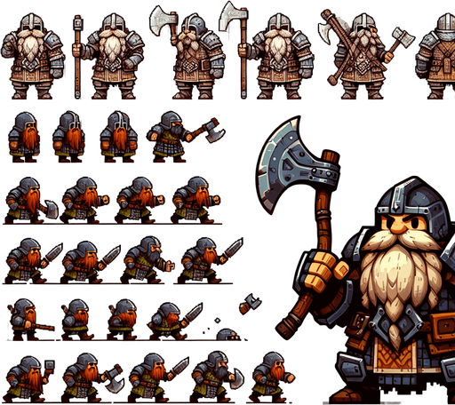A spritesheet with various poses for a heavily armored little dwarven warrior with an axe in various poses for use in an endless runner game. Te poses should include walking, eating, jumping, ducking low, and chargingforward. Sprites should be laid out in a rectangular grid wih blank space between them. Style should be medieval fantasy..
Single Game Texture. In-Game asset. 2d. Blank background. High contrast. No shadows.