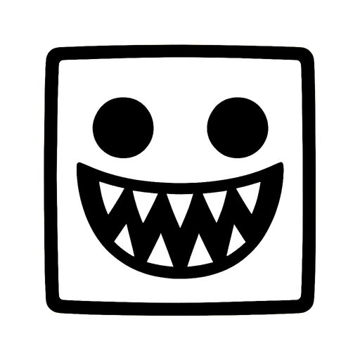 square white cube with 2 eyes and spike smily teeths inside

In-Game asset.  2d.  High contrast.  No shadows