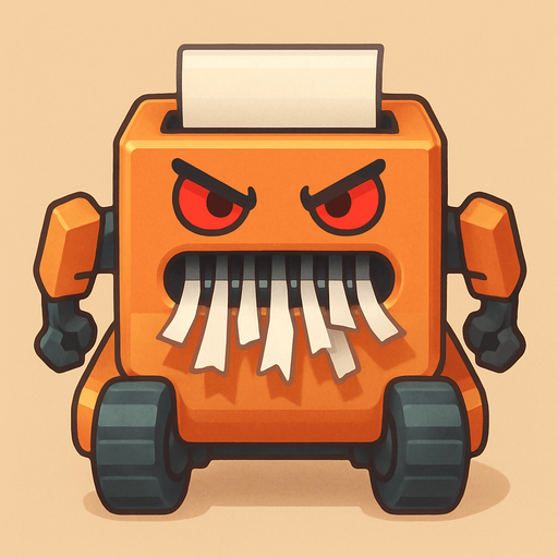 An aggressive mobile paper shredder robot. Viewed from a straight angle right in front. Cute soft graphics. soft ambient light. semi-matte to satin surfaces. naturalistic with slight saturation boost colors. 
In-Game asset.  2d.  High contrast.  No shadows. top down.