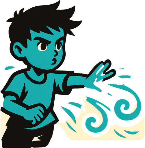 A boy controlling wind.
In-Game asset.  2d.  High contrast.  No shadows