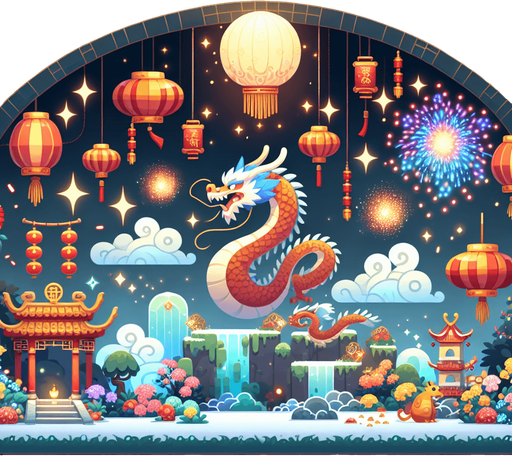 Chinese new years, magical landscape, year of the dragon.
Single Game Texture. In-Game asset. 2d. Blank background. High contrast. No shadows.