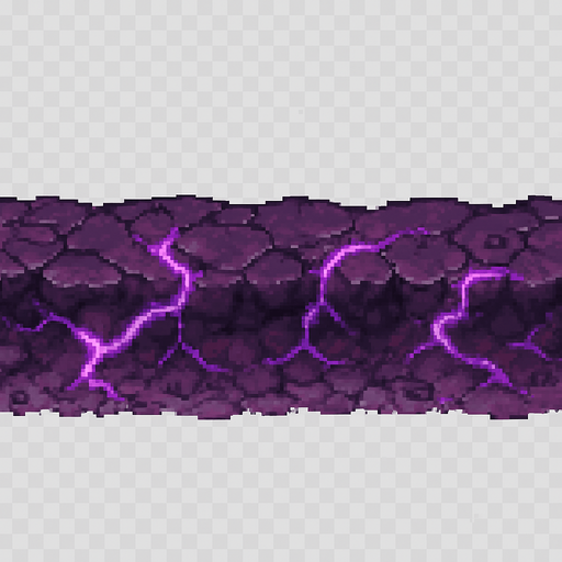 "High-quality 2D pixel art of a corrupted, infected soil tile designed as a horizontal strip. The terrain appears as a thin, straight line of dark purple, violet, and magenta tones, resembling infected earth. Cracks, glowing purple veins, and subtle texture details give it a diseased, magical look. The line is seamless and tileable, ideal for use as a corrupted ground border or floor edge in a fantasy RPG. Style is clean and detailed 16-bit pixel art. Transparent background