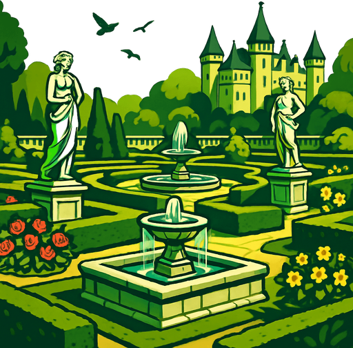 A royal medieval garden with trimmed hedges, stone fountains, blooming flowers and marble statues, birds chirping under the morning sun.
In-Game asset.  2d.  High contrast.  No shadows