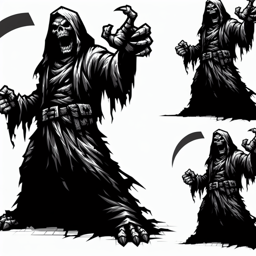 full body angry taunt orc grim reaper style.
Single Game Texture.  In-Game asset.  2d.  Blank background.  High contrast.  No shadows