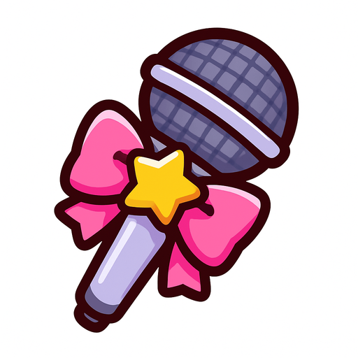 Micrófono chibi, con un lazo rosado y una estrella como moño en el mango del micrófono.
In-Game asset.  2d.  High contrast.  No shadows