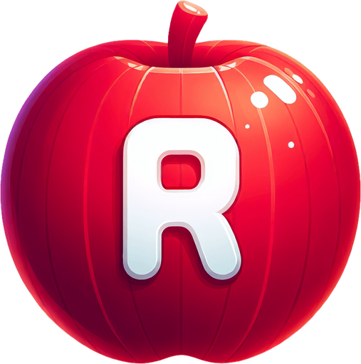 a white "R" on a red apple..
Single Game Texture. In-Game asset. 2d. Blank background. High contrast. No shadows.