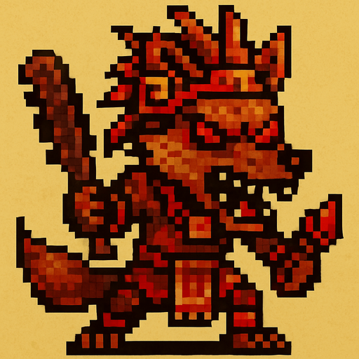 Genérame una Zorro Cangrejero guerrero azteca con eso patrones, estilo pixelar, con una apariencia maligna, ojos rojos, rabioso. Unidad cuerpo a cuerpo. Animal.
In-Game asset.  2d.  High contrast.  No shadows