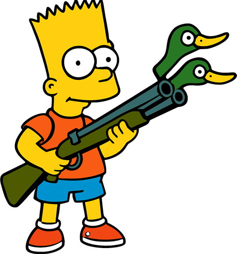 Bart holding a shotgun with 2 duck heads instead of barrels and make sure that Bart's body is fully visible
In-Game asset.  2d.  High contrast.  No shadows