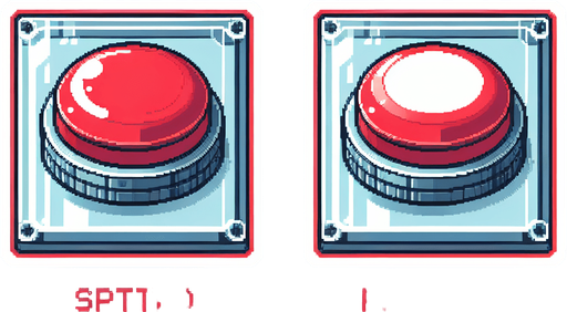 A spritesheet showing only 2 sprites, of the unpressed and pressed states of a BIG RED BUTTON respectively . The sprites in the sheet should be laid out with transparent space between them in clearly defined rectangular areas. The button itself should be large and round, like on old arcade game machines, with a plastic inset around it, and when it's pressed down, it should appear lower relative to that plastic ring, so that it is visibly easy to distinguish between the pressed down and unpressed state..
Single Game Texture. In-Game asset. 2d. Blank background. High contrast. No shadows.