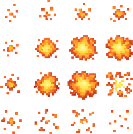 Раскадровка пиксельного взрыва с видом с верху без фона.
In-Game asset.  2d.  High contrast.  No shadows