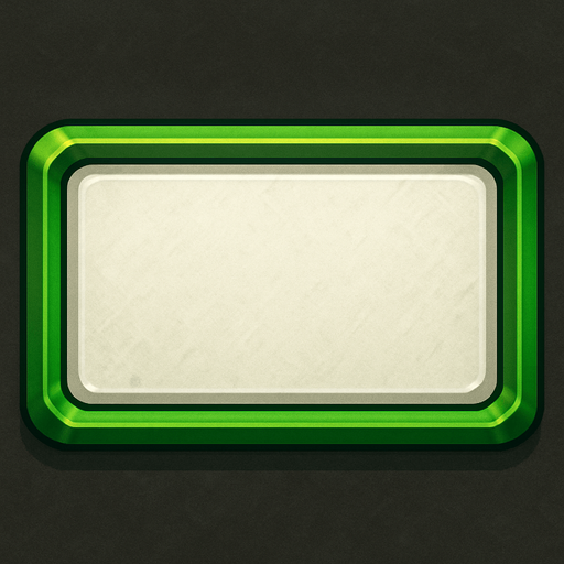 Rectangular button with size 200x100, green outline, white interior, with light details.
In-Game asset.  2d.  High contrast