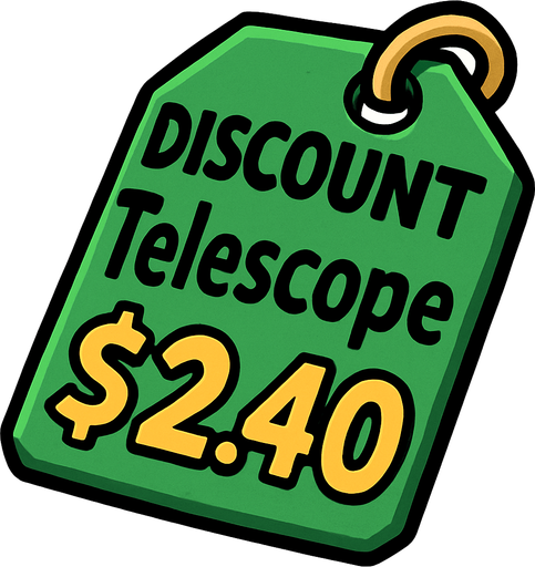 Green pricetag that says discount Telescope $2.40.
In-Game asset.  2d.  High contrast.  No shadows