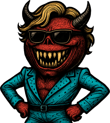 un demonio bola ultra realista con una peluca y traje de bailarin con lentes de sol y una sonrisa con colmillos afilados.
In-Game asset.  2d.  High contrast.  No shadows