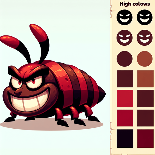 a cartoon bug. evil looking. red and brown color..
Single Game Texture. In-Game asset. 2d. Blank background. High contrast. No shadows.
