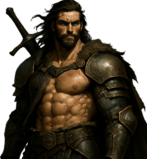A towering, hypermasculine medieval warrior standing heroically on a battlefield at dusk, clad in weathered steel armor with golden engravings, his broad chest exposed under a torn fur-lined cloak, muscles defined and glistening with sweat and blood. Long, slightly wavy dark brown hair flows in the wind, a rugged chiseled jawline with a trimmed beard, piercing ice-blue eyes filled with intensity. Scars on his shoulder and a massive greatsword resting on his back. Background features a stormy sky and burning ruins, a dramatic lighting highlighting the power in his posture. Cinematic, realistic, highly detailed, epic composition, moody atmosphere --realistic style, medieval fantasy, 4K, ultra-detailed, volumetric lighting. realistic.
In-Game asset.  2d.  High contrast.  No shadows