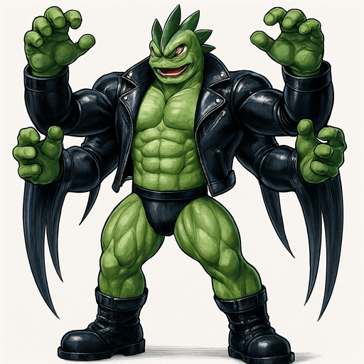 man Cyberpunk manga, four armed monster hunk, shiny black leather biker jacket longsleeves shirtless muscles, jockstrap combat boots, Background removed, "Full-body character, entirely in frame, no cropping of face, head, or feet" "Complete character visible, from head to toe, fully centered in the image" "Entire character, including face and boots, fully within the frame" Character fully contained within a square frame, no edges cut off idle pose