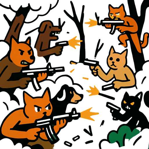 silahlı çaatışma içinde olan kediler ve köperklerle dolu bir orman.
In-Game asset.  2d.  High contrast.  No shadows