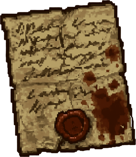Create a pixel-art item of an old, mysterious letter for a horror-themed 2D game. The letter should be a yellowed, slightly torn piece of parchment with faded ink handwriting on it. Include smudges, old blood stains, or water damage for a haunting effect. The handwriting should look rushed or distressed. Fold marks or a wax seal (partially broken) can be added as details. It should look like something found in an abandoned house or crypt. PNG format with transparent background, suitable for inventory or collectible items..
In-Game asset.  2d.  High contrast.  No shadows