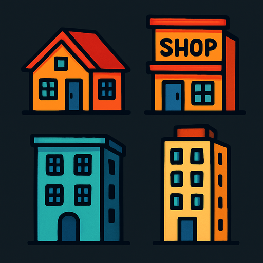 buldings.
In-Game asset.  2d.  High contrast.  No shadows