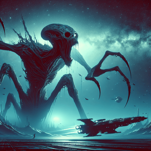 Draw a scary and grotesque alien, similar to the ones from the movie Alien, attacking a spaceship positioned at the bottom of the screen..
Single Game Texture. In-Game asset. 2d. Blank background. High contrast. No shadows.