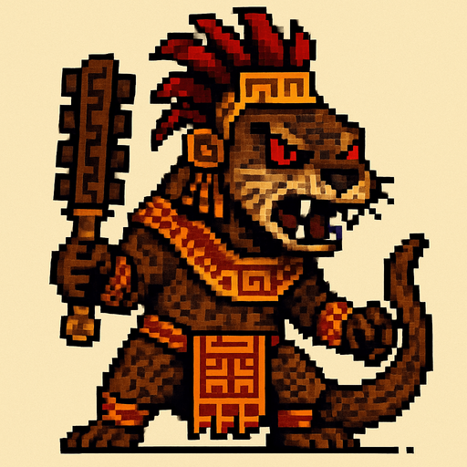Genérame una Nutria Neotropical guerrero azteca con eso patrones, estilo pixelar, con una apariencia maligna, ojos rojos, rabioso. Unidad cuerpo a cuerpo. Animal.
In-Game asset.  2d.  High contrast.  No shadows