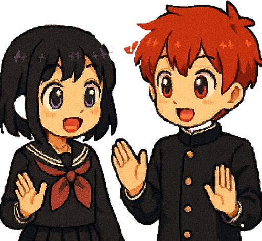 Pixel art. A red-haired 15-year-old anime-style boy with red eyes and a girl with purple eyes in Japanese school uniforms, both with large, expressive eyes and oversized irises to look super kawaii, are talking cheerfully while looking into each other’s eyes and gesturing with their hands. They are standing very close to a row of school lockers. In the center locker, a pair of glowing red eyes peer through the slats. The eyes belong to a hidden yandere—obsessed, crazy, and jealous—whose face and body remain completely obscured in the darkness inside the locker. The mood is lighthearted between the boy and girl, contrasting with the eerie presence watching them from the shadows.
