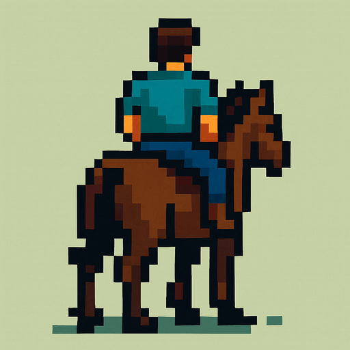 at üstünde olan pixel bir adam arkası dönük.
In-Game asset.  2d.  High contrast.  No shadows